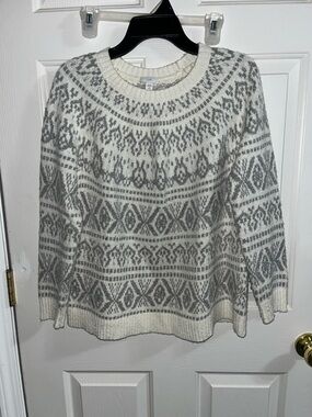 J. Jill Cream and Gray Fair Isle Crewneck Sweater
